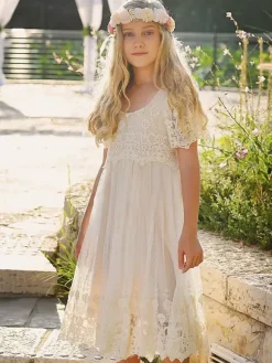 Ivory Flower Girl Dresses Jewel Neck Short Sleeves Lace Formal Kids Pageant Dresses Free Customization