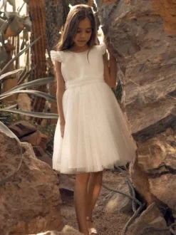 Ivory Flower Girl Dress Jewel Neck Short Sleeves Birthday Party Dresses