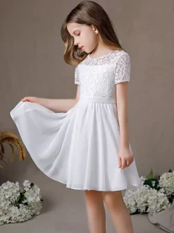 Ivory Flower Girl Dress Lace Jewel Neck Short Sleeves Kids Birthday Party Dresses