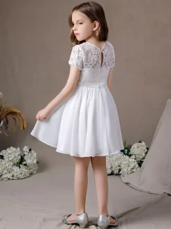 Ivory Flower Girl Dress Lace Jewel Neck Short Sleeves Kids Birthday Party Dresses