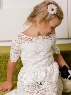 Ivory Kids Ball Gown Party Dress Wedding Cute Short Sleeves Flower Girl Dress