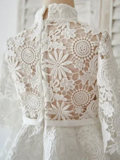 Ivory Lace Satin High Neck Long Sleeves Wedding Flower Girl Dress