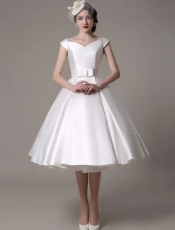 Ivory Short Wedding Dresses 2026 Satin Knee Length Bow Sash Retro Bridal Dress Free Customization