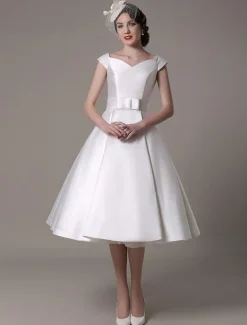 Ivory Short Wedding Dresses 2026 Satin Knee Length Bow Sash Retro Bridal Dress Free Customization