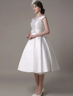 Ivory Short Wedding Dresses 2026 Satin Knee Length Bow Sash Retro Bridal Dress Free Customization