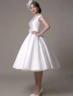 Ivory Short Wedding Dresses 2026 Satin Knee Length Bow Sash Retro Bridal Dress Free Customization
