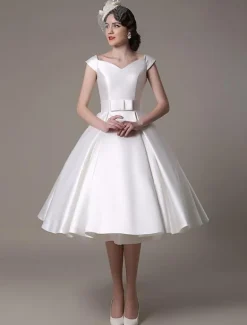 Ivory Short Wedding Dresses 2026 Satin Knee Length Bow Sash Retro Bridal Dress Free Customization