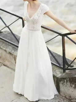 Ivory Simple Causal Wedding Dress A-Line V-Neck Short Sleeves Backless Lace Chiffon Bridal Gowns Free Customization