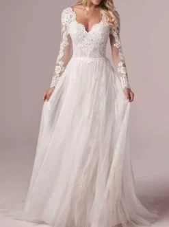 Ivory Simple Wedding Dress With Train A-Line V-Neck Long Sleeves Backless Lace Bridal Gowns Free Customization