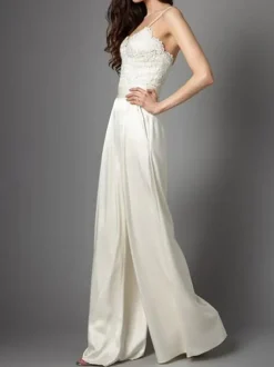 Ivory Simple Wedding Jumpsuit Satin Fabric Lace V-Neck Sleeveless Bridal Jumpsuits Free Customization
