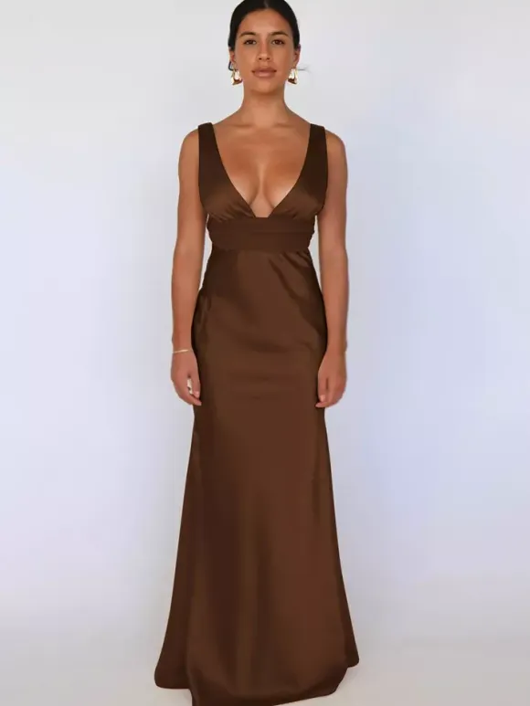 Ivory V Neck Satin Maxi Dress For Women Elegant Formal Style