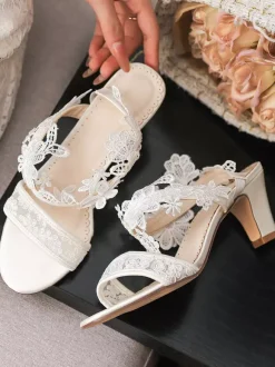 Ivory Wedding Shoes Lace Open Toe Chunky Heel Bridal Shoes