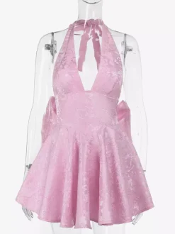 Jacquard Coquette Mini Dress For Women - Halter Neck Lace Up Big Bow Back Skater - Summer Birthday Party Outfits 2026
