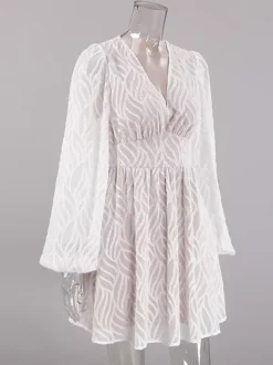 Jacquard Mini Dress With V-Neck And Long Sleeves For Summer 2026