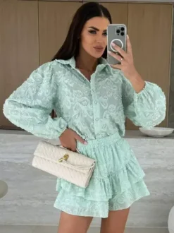 Jacquard Two Piece Co-ord Set Long Sleeve Shirt And Layered Shorts 2026