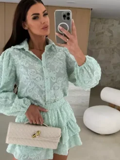Jacquard Two Piece Co-ord Set Long Sleeve Shirt And Layered Shorts 2026