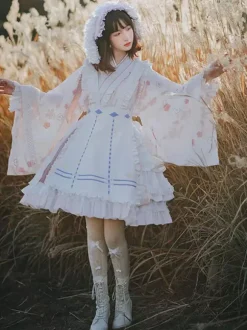 Japanese Style Lolita OP Dress Long Sleeve Floral Print Pink Bows Sweet Lolita One Piece Dresses