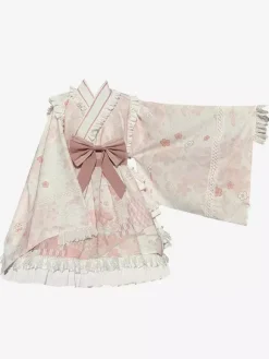 Japanese Style Lolita OP Dress Long Sleeve Floral Print Pink Bows Sweet Lolita One Piece Dresses