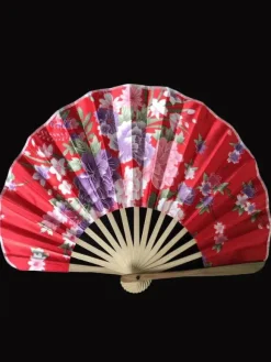 Japanese Red Floral Print Bamboo Fan