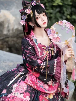 Japanese Style Lolita Costumes Lolita Dresses Set Polyester Bows Floral Print Kimono Sleeveless Pink Lolita Set