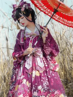 Japanese Style Lolita Costumes Lolita Dresses Set Polyester Bows Floral Print Kimono Sleeveless Pink Lolita Set