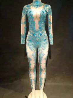 Jazz Dance Costume Sexy Women Blue Long Sleeve Beaded Jumpsuits