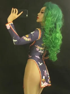 Jazz Dance Costume Women Print Long Sleeve Split Cutout Sexy Dresses