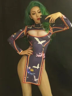 Jazz Dance Costume Women Print Long Sleeve Split Cutout Sexy Dresses