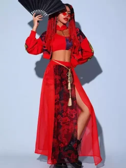 Jazz Dance Costumes For Women Polyester Corset Overcoat Split Skirt Sash 4-Piece Set Dancing Wear