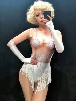 Jazz Dance Costume Women Sexy White Long Sleeve Illusion Night Club Wear Jumpsuit