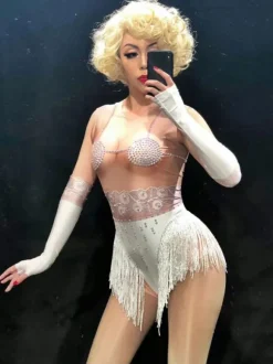 Jazz Dance Costume Women Sexy White Long Sleeve Illusion Night Club Wear Jumpsuit