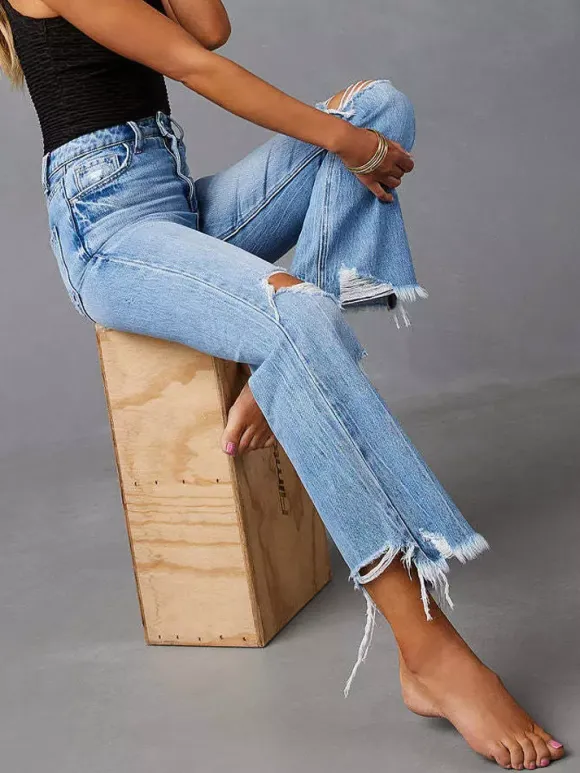 Jeans Bottoms SexyCasual Fringe Raised Waist Denim Jeans