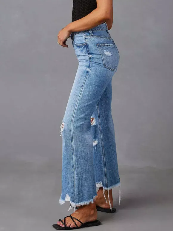 Jeans Bottoms SexyCasual Fringe Raised Waist Denim Jeans