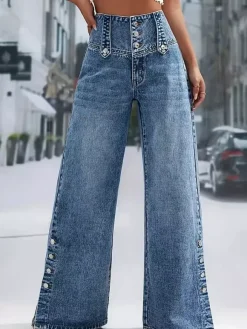 Jeans Women's Wide Sexy Cotton Casual Buttons Bottoms