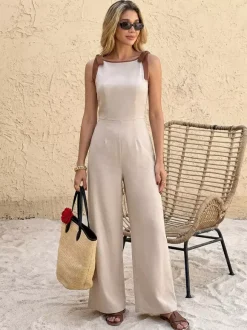 Jumpsuit Contrast Chocolate Trim Shoulder Tie Sleeveless High Waist Wide Leg Pants