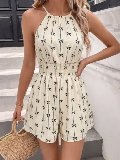 Jumpsuit Print Halter Neck Romper Thin Tie Straps Elastic High Waist Loose Pocket Short Jumpsuit