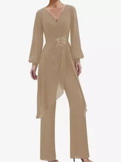 Jumpsuits Mother Dress V-Neck Long Sleeves Applique Wedding Guest Dresses