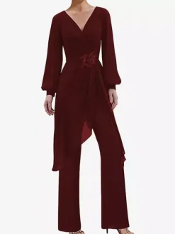 Jumpsuits Mother Dress V-Neck Long Sleeves Applique Wedding Guest Dresses