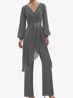 Jumpsuits Mother Dress V-Neck Long Sleeves Applique Wedding Guest Dresses