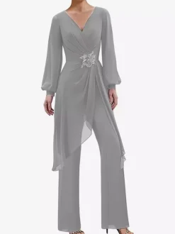 Jumpsuits Mother Dress V-Neck Long Sleeves Applique Wedding Guest Dresses