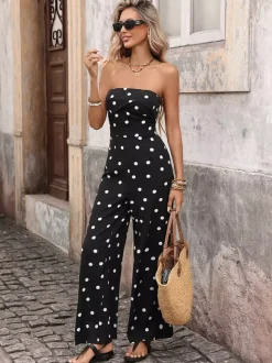 Jumpsuits Black Sleeveless Strapless Wide Summer One Piece Outfit