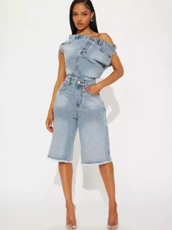 Jumpsuits Blue Notched Neckline Sleeveless Denim Loose Summer One Piece Outfit