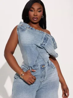 Jumpsuits Blue Notched Neckline Sleeveless Denim Loose Summer One Piece Outfit