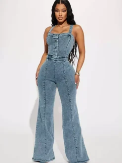 Jumpsuits Blue Straps Neck Sleeveless Denim Flared Summer One Piece Outfit