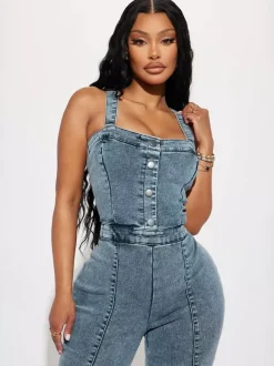 Jumpsuits Blue Straps Neck Sleeveless Denim Flared Summer One Piece Outfit