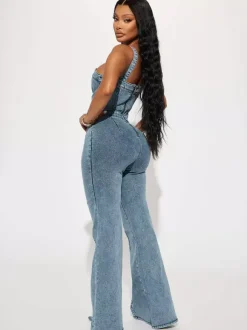 Jumpsuits Blue Straps Neck Sleeveless Denim Flared Summer One Piece Outfit