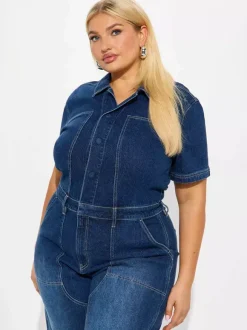 Jumpsuits Deep Blue Turndown Collar Short Sleeves Denim Flared Summer Playsuit