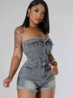 Jumpsuits Illusion Blue Strapless Sleeveless Cut Out Denim Summer Playsuit