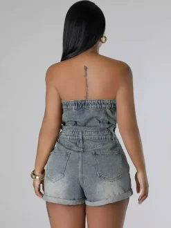 Jumpsuits Illusion Blue Strapless Sleeveless Cut Out Denim Summer Playsuit