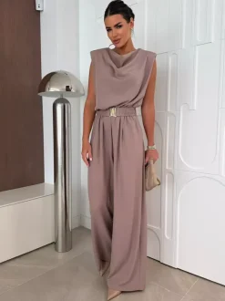 Jumpsuits Khaki Cowl Neck Belted Straight Summer One Piece Outfit